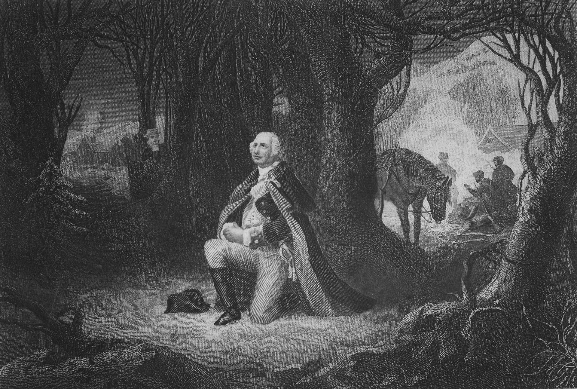 An 1866 engraving of Washington kneeling in prayer in the woods at Valley Forge, his horse and the encampment behind him